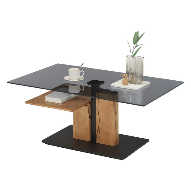 Couchtisch DALKOR, höhenverstellbar 105 x 65 cm - Braun - Grau - Schwarz - Eichenholz massiv - Glas
