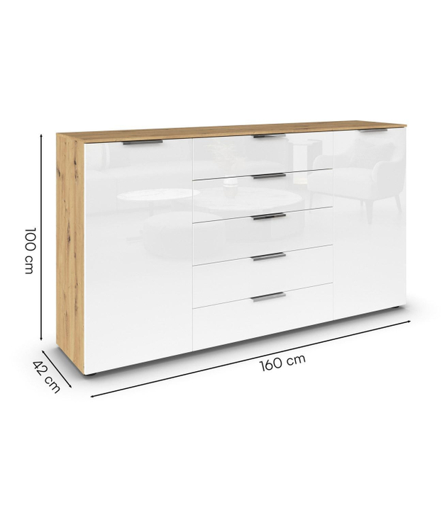 Sideboard B 160 cm FLIPP 160 x 100 cm - 2 Türen - 5 Schubladen - Artisan Eiche Dekor - Weiß