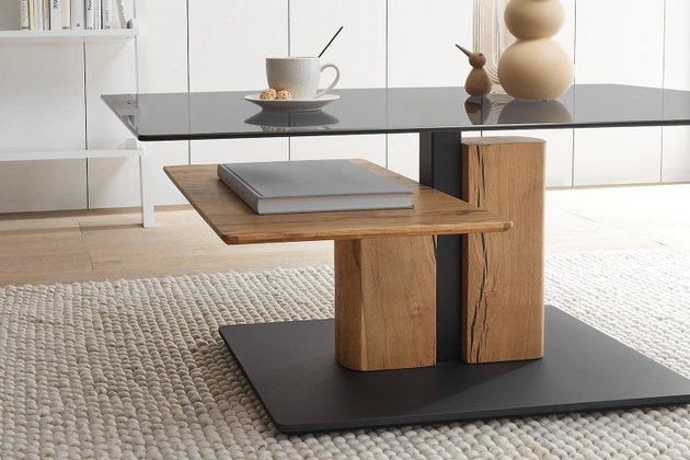 Couchtisch DALKOR, höhenverstellbar 105 x 65 cm - Braun - Grau - Schwarz - Eichenholz massiv - Glas