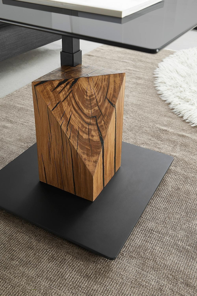Couchtisch BALSTA, höhenverstellbar 75 x 75 cm - Braun - Grau - Schwarz - Eichenholz massiv - Glas