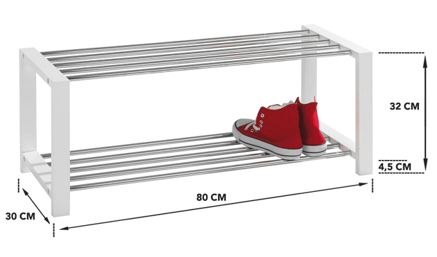 Schuhregal Weiß lackiert - 80 x 30 cm - Kiefer massiv - Metall