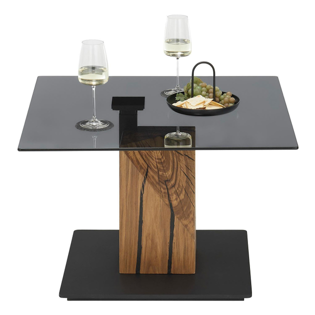 Couchtisch BALSTA, höhenverstellbar 75 x 75 cm - Braun - Grau - Schwarz - Eichenholz massiv - Glas