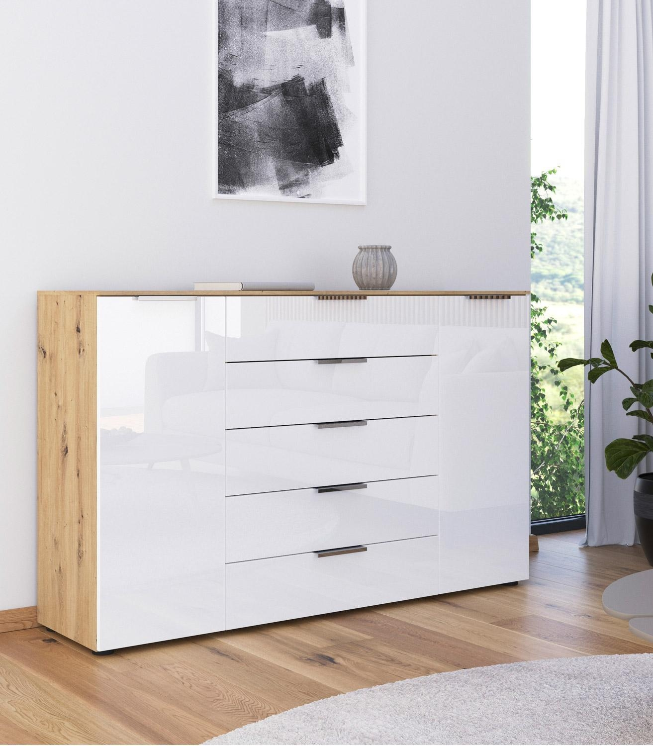 Sideboard B 160 cm FLIPP 160 x 100 cm - 2 Türen - 5 Schubladen - Artisan Eiche Dekor - Weiß