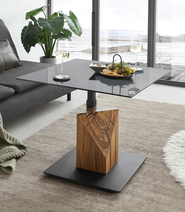 Couchtisch BALSTA, höhenverstellbar 75 x 75 cm - Braun - Grau - Schwarz - Eichenholz massiv - Glas