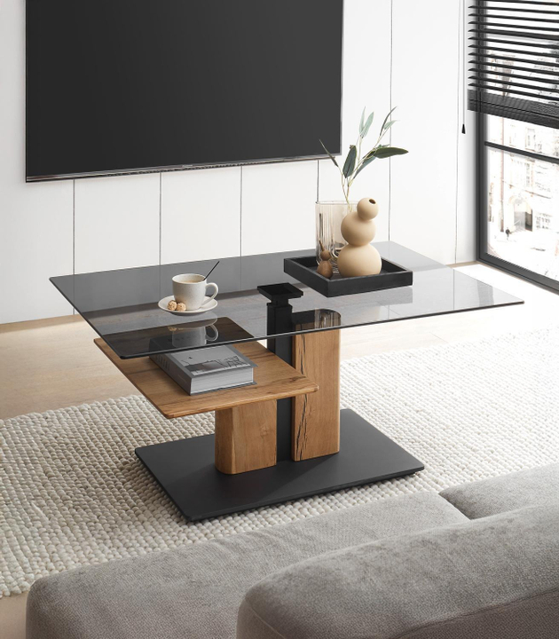 Couchtisch DALKOR, höhenverstellbar 105 x 65 cm - Braun - Grau - Schwarz - Eichenholz massiv - Glas