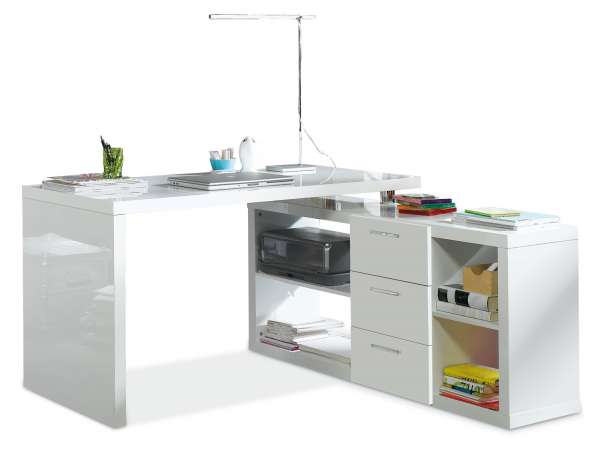 Schreibtisch Weiß Hochglanz, mit Ansatzschrank, 140x74x140 cm